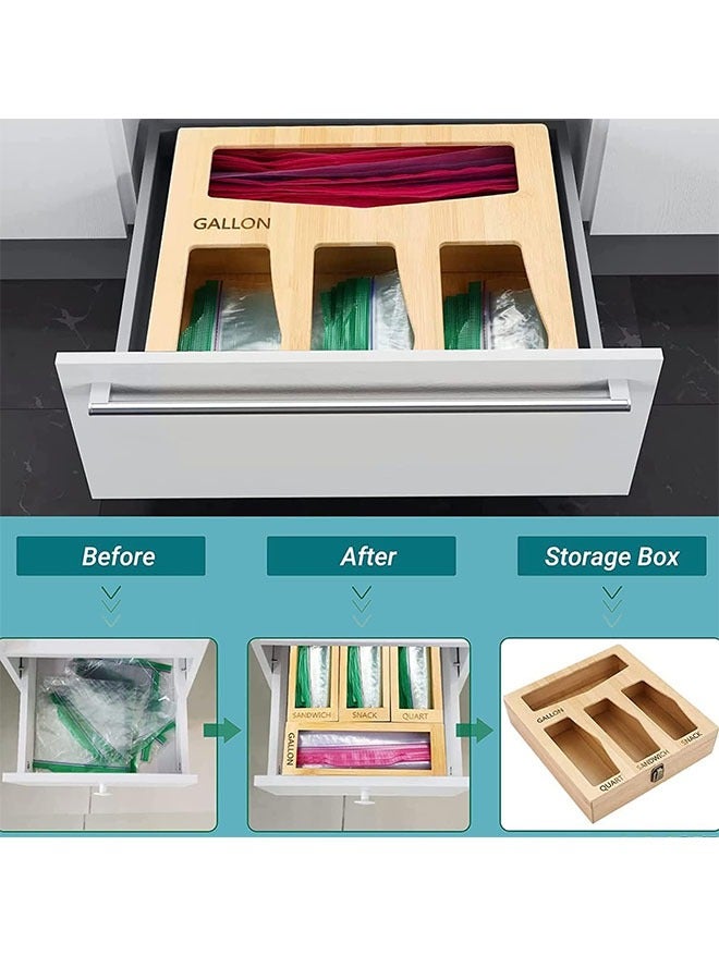 Plastic Wrap Bamboo Ziplock Bag Storage Organizer and Dispenser for Kitchen Drawer Food Storage Bag Holders Openable Top Lids Foil Dispenser for Gallon Sandwich Snack Bags - Image 3