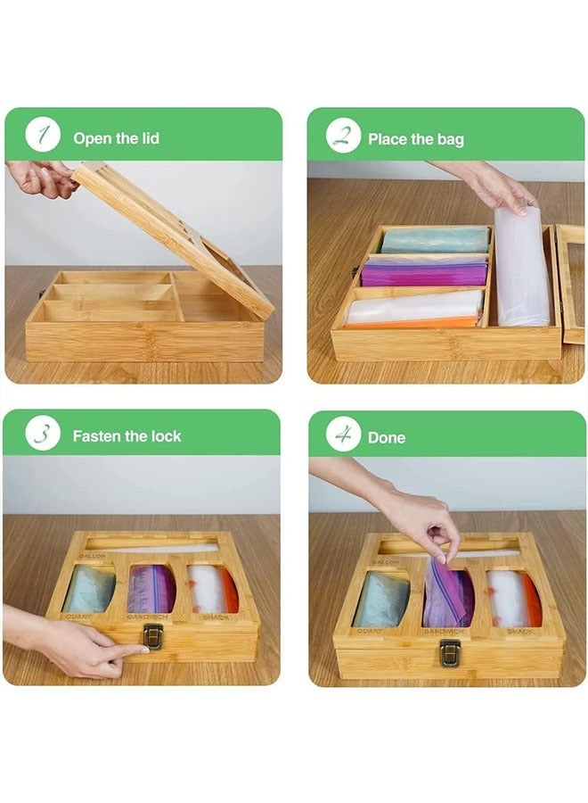 Plastic Wrap Bamboo Ziplock Bag Storage Organizer and Dispenser for Kitchen Drawer Food Storage Bag Holders Openable Top Lids Foil Dispenser for Gallon Sandwich Snack Bags - Image 5