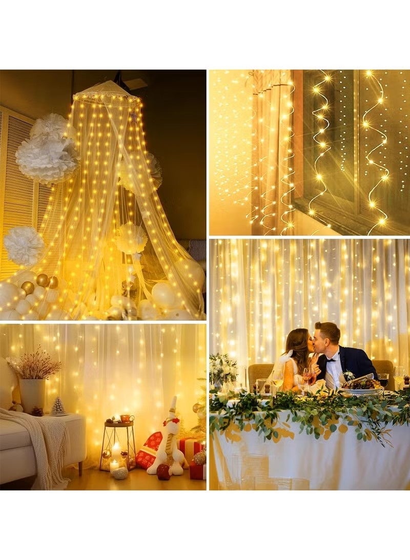 300LED Curtain Fairy Lights, Ramadan Fairy Light, 3X3Meters, Remote Control, 8 Lighting Modes, USB Powered, for Eid Party, Home, Bedroom, Indoor Outdoor Wall Decoration (Warm White) - Image 5
