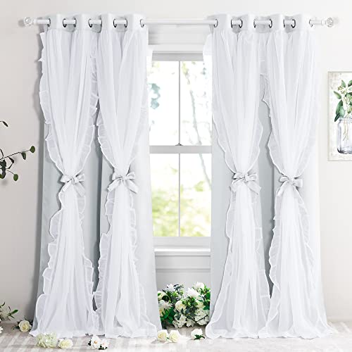 PONY DANCE Shabby Chic Curtains for Bedroom Double Layer Ruffle Sheer Overlay with Tiebacks French Country Drapes for Room Decor 52 W x 95 L Greyish White 2 Pieces