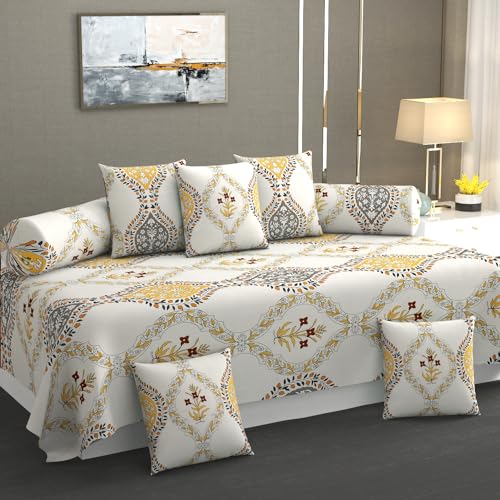 KETOSTICS 300 TC 100% Pure Cotton Diwan Set Covers 8 Pieces Pure Cotton Designer Printed Standard Diwan Set (1 Single Bedsheet, 2 Bolster Covers, 5 Cushion Covers) (DS- AS 05) - Image 1