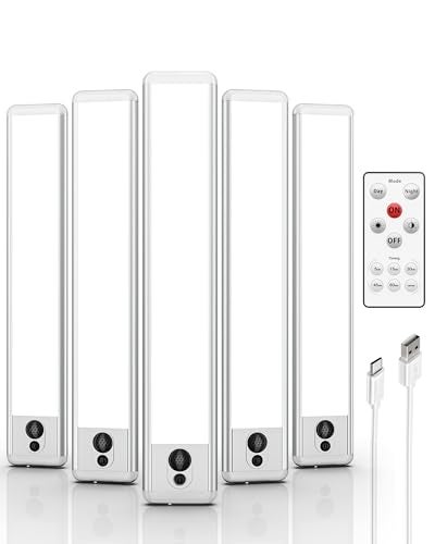 EZVALO Under Cabinet Lights, LED Closet Lights Wireless USB Charging, Motion Sensor Lighting Indoor 5700K Dimmable with Remote Control (White) 5 Pack - Image 1