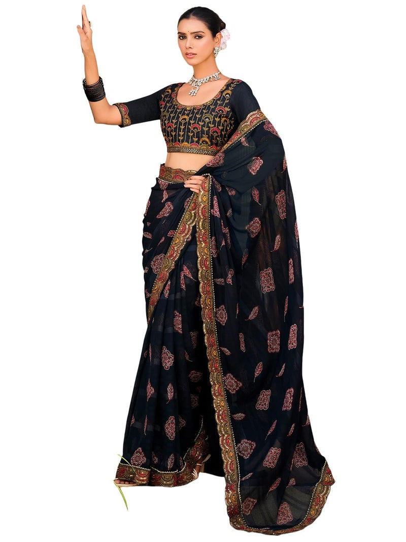 Satrani Women's Georgette Bandhani Printed Sequence Lace Work Scalloped Border Saree with Unstitched Blouse Piece (4303S933N_Black) - Image 1