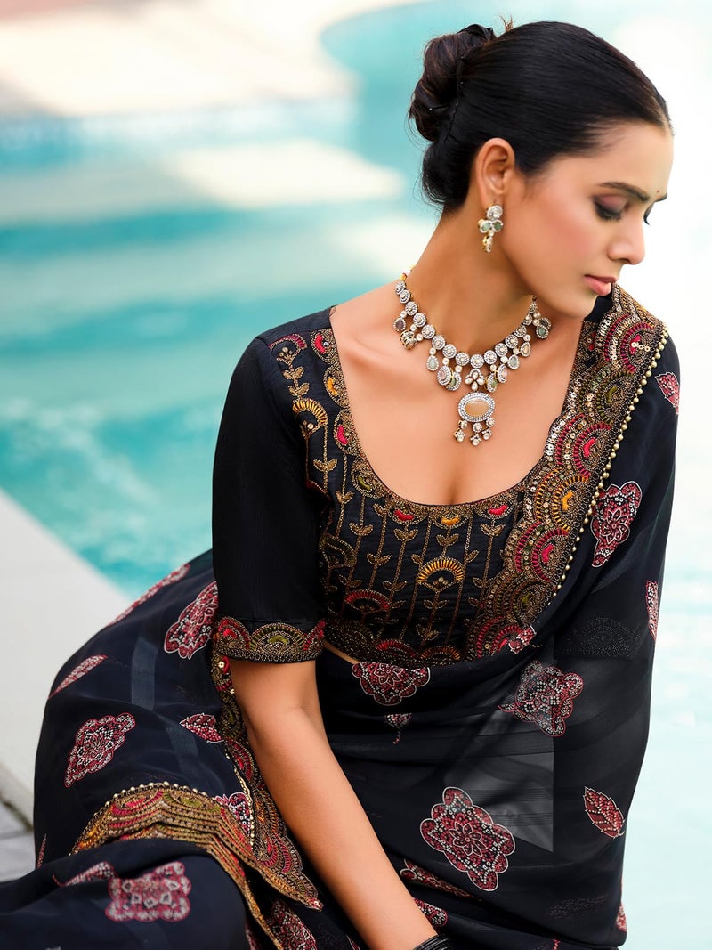 Satrani Women's Georgette Bandhani Printed Sequence Lace Work Scalloped Border Saree with Unstitched Blouse Piece (4303S933N_Black) - Image 2