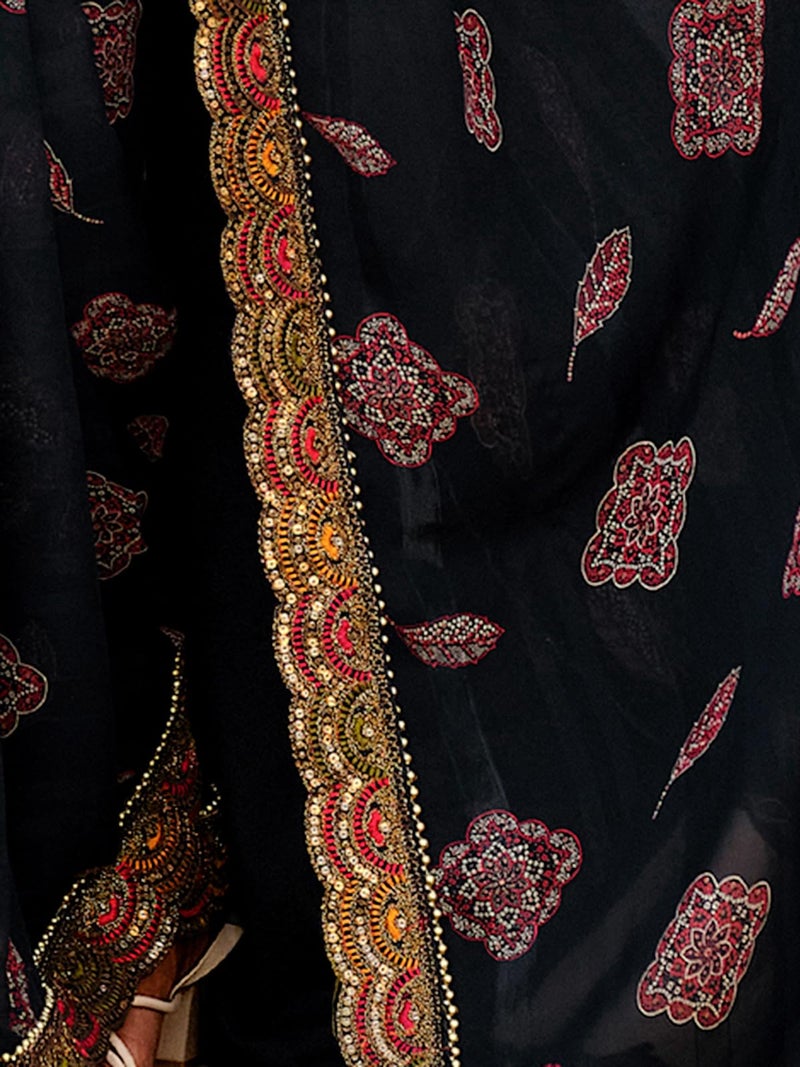 Satrani Women's Georgette Bandhani Printed Sequence Lace Work Scalloped Border Saree with Unstitched Blouse Piece (4303S933N_Black) - Image 3