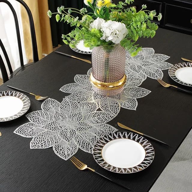 Groki Waterproof Silver Floral PVC Table RunnerIdeal for MessFree Dining 35Lx13W Set 1 - Image 1