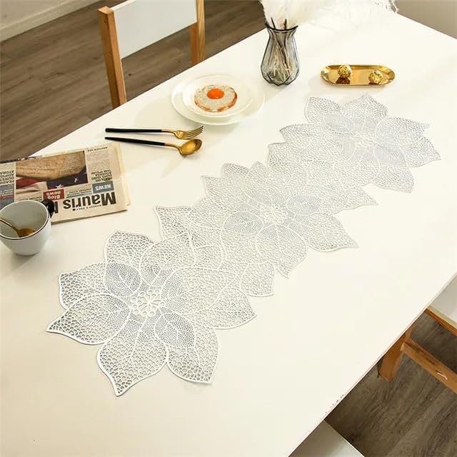 Groki Waterproof Silver Floral PVC Table RunnerIdeal for MessFree Dining 35Lx13W Set 1 - Image 2