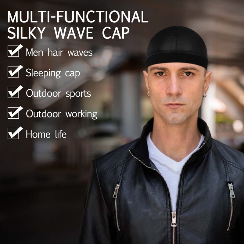 Molain 6Pcs Wave Cap for Men Silky Durags Elastic Band Wave Caps for 360 540 720 Waves Soft Breathable Satin Durag Unisex Adults Kids Skullies Beanies Hats Shower Cap Black - Image 4