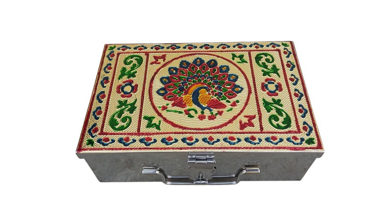 GinoSet® Stainless Steel Storage Box, Cash Box, Pooja Peti, Organizer, Vanity Storage Box, Jewellery Safe Bank Locker, Cash Box With Handicrafts Digital Meena Kari Design (Red, 9 Inch) - Image 1
