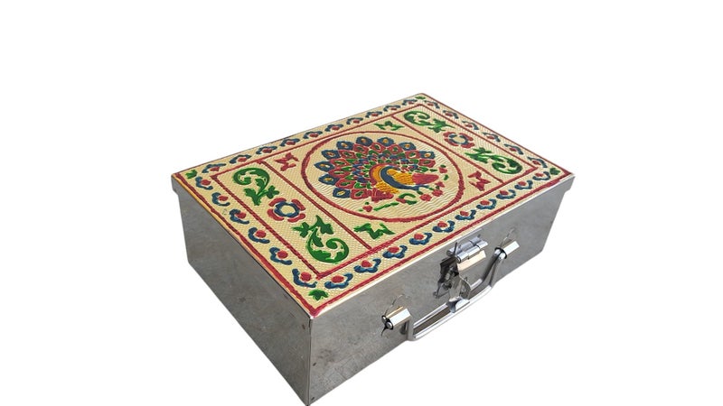 GinoSet® Stainless Steel Storage Box, Cash Box, Pooja Peti, Organizer, Vanity Storage Box, Jewellery Safe Bank Locker, Cash Box With Handicrafts Digital Meena Kari Design (Red, 9 Inch) - Image 2