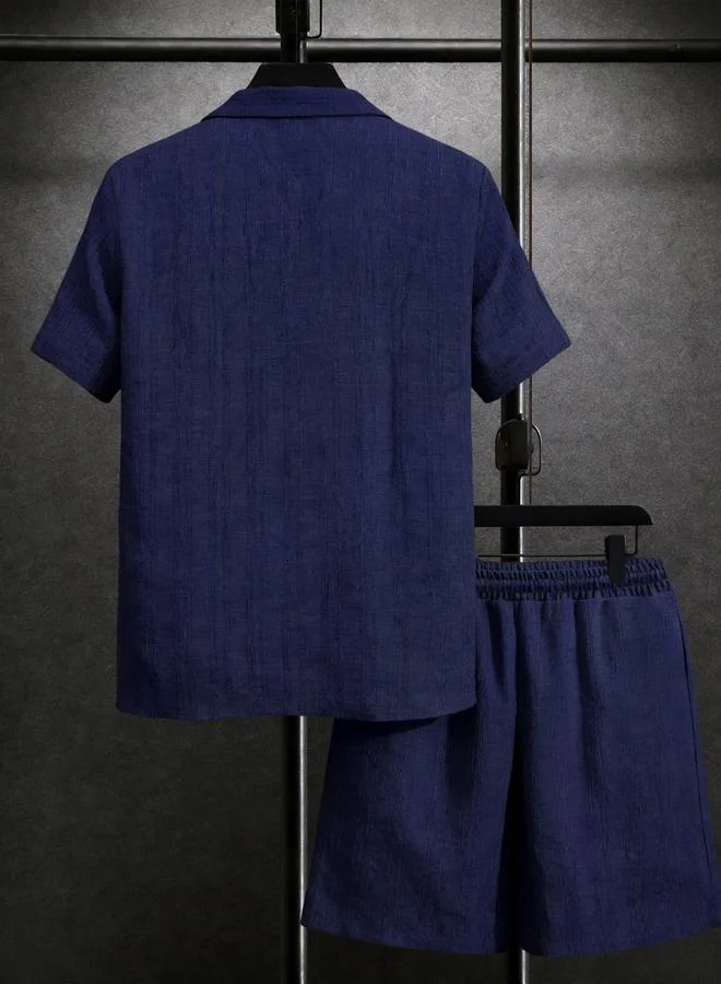 Take Two Men Navy Blue Textured Short Sleeve Button Front Shirt and Shorts Co-Ords