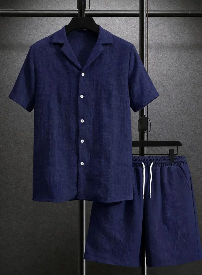 Take Two Men Navy Blue Textured Short Sleeve Button Front Shirt and Shorts Co-Ords
