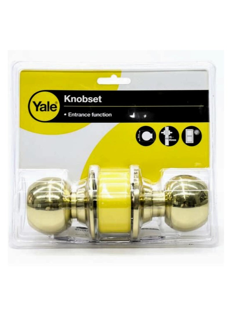 Yale 40CY3‑5866‑0201 Polished Brass Entrance Knobset Round Cylindrical – Fixed 60 mm Backset, 65 mm Rose, 3 Brass Keys, Fits 35–45 mm Doors 