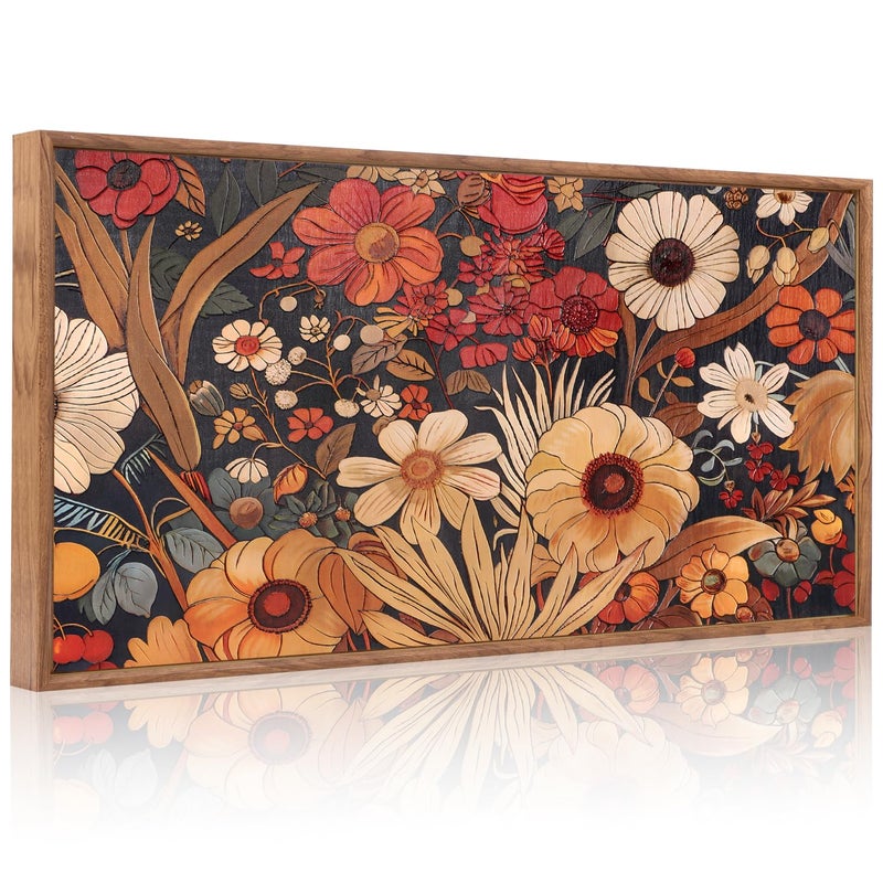 Aurlan Boho Burnt Orange Terracotta Wildflowers Framed Wall Art(40"x20"), Abstract Floral 3D Textured Canvas Artwork, Large Modern Vintage Botanical Nature Art Wall Decor for Home Office Living Room Bedroom - Image 1