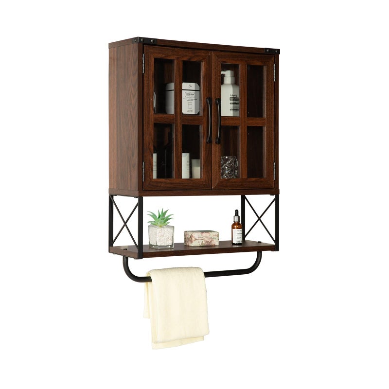 RUSTOWN RUSTOWN Farmhouse Medicine Cabinet with Cross Glass Doors Wood Wall Storage Cabinet 3Tier Rustic Bathroom Cabinet with Adjustable Shelves and Towel Bar for Living RoomDark Walnut Small 