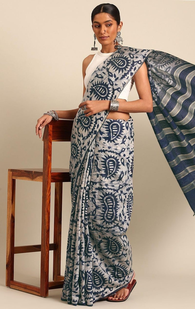 NK Textiles Women's Paisley Batik Block Print Navy Blue Colored Soft Mul Mul Cotton Saree with Blouse (3 DESIGNS) - Image 2
