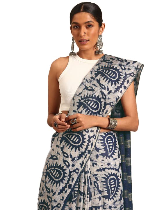 NK Textiles Women's Paisley Batik Block Print Navy Blue Colored Soft Mul Mul Cotton Saree with Blouse (3 DESIGNS) - Image 1