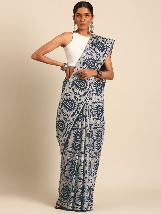 NK Textiles Women's Paisley Batik Block Print Navy Blue Colored Soft Mul Mul Cotton Saree with Blouse (3 DESIGNS) - Image 3