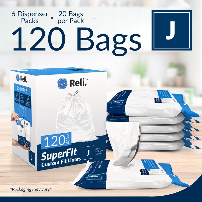 Reli. SuperFit Code J (120 Count) | Compatible with Simplehuman Code J | Dispenser Pack Custom Fit Liners | Drawstring Trash Bags | 30-45 Liter / 8-12 Gallon | White - Image 2