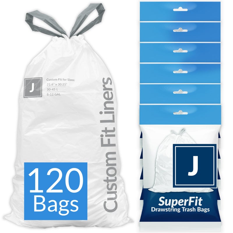 Reli. SuperFit Code J (120 Count) | Compatible with Simplehuman Code J | Dispenser Pack Custom Fit Liners | Drawstring Trash Bags | 30-45 Liter / 8-12 Gallon | White - Image 1