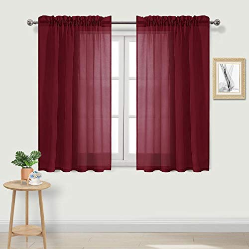 DWCN Christmas Burgundy Sheer Curtains Semi Transparent Voile Rod Pocket Curtains for Bedroom and Living Room 52 x 45 inches Long Set of 2 Panels