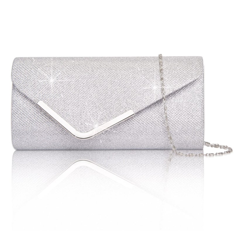 Larcenciel Silver Clutch Purses for Women, Shiny Sequin Envelope Clutch Evening Bag w/Chain, Fashion Shoulder Crossbody Handbags, Sparkly Party Prom Purse Bride Wedding Guest Clutch Dress Carry on Bag - Image 1