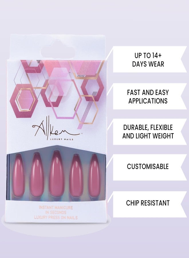 Allkem Mauve Press on Nails | Glossy Long coffin | 10 sizes - 20 pcs Ballerina Nail kit with Glue - Image 2