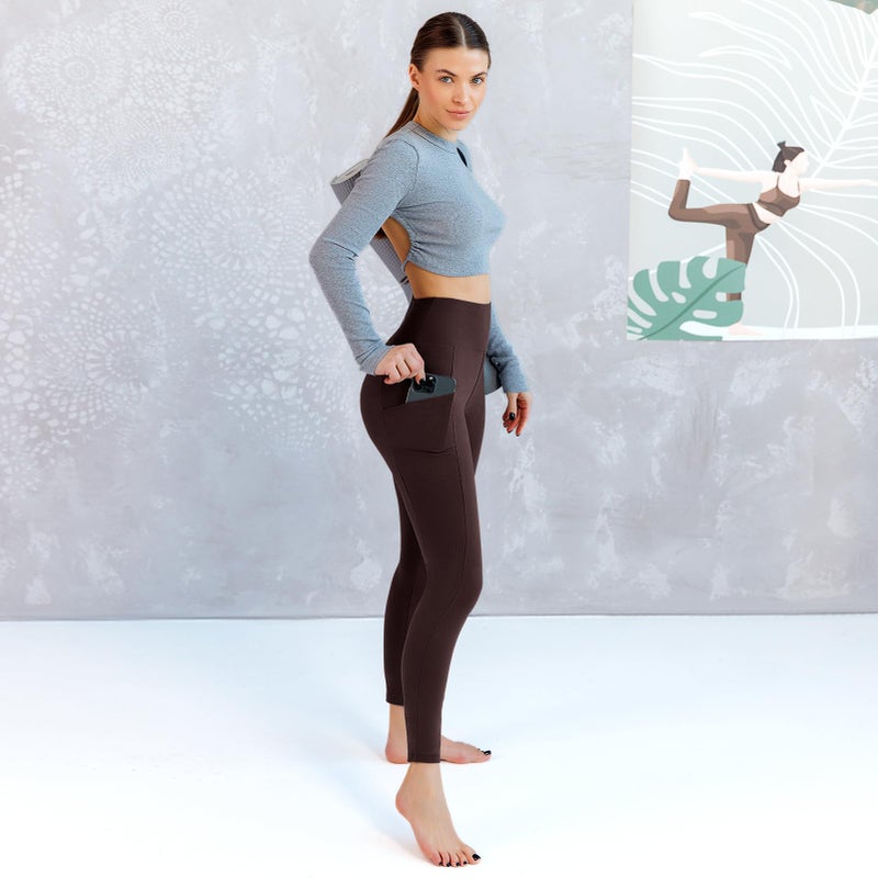 Walifrey Leggings with Pockets for Women, High Waisted Buttery Soft Womens Leggings for Gym Yoga Workout (Brown SM) - Image 3