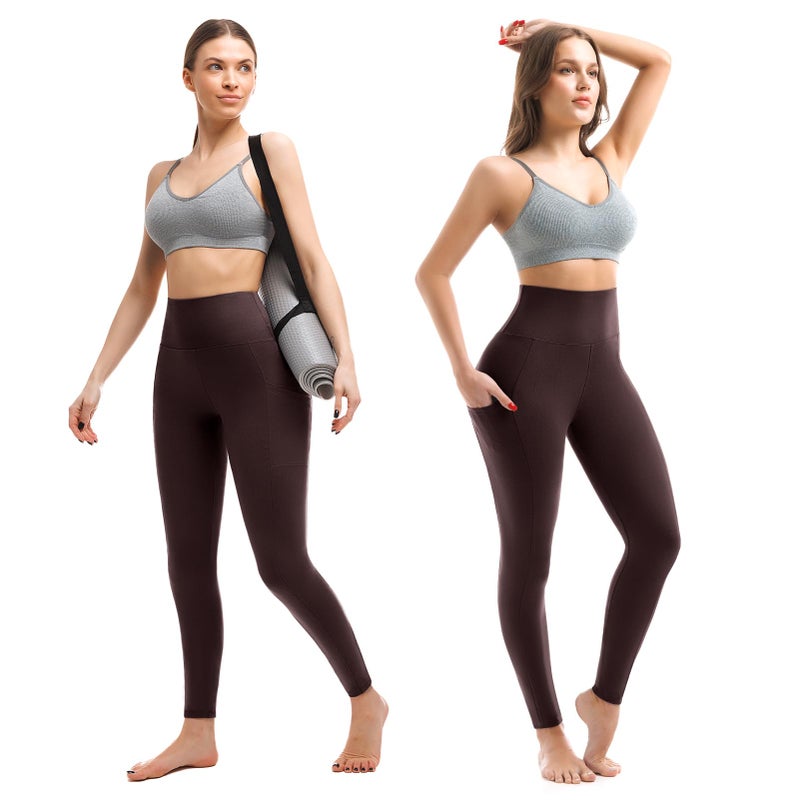 Walifrey Leggings with Pockets for Women, High Waisted Buttery Soft Womens Leggings for Gym Yoga Workout (Brown SM) - Image 2