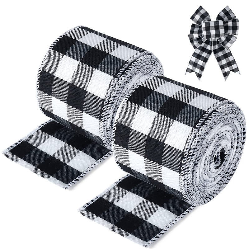 196 Yard 25 inch Wide Buffalo Plaid Ribbons Wired Edges 2 Rolls Black and White Checkered Ribbon for Christmas Tree Gift Decorations