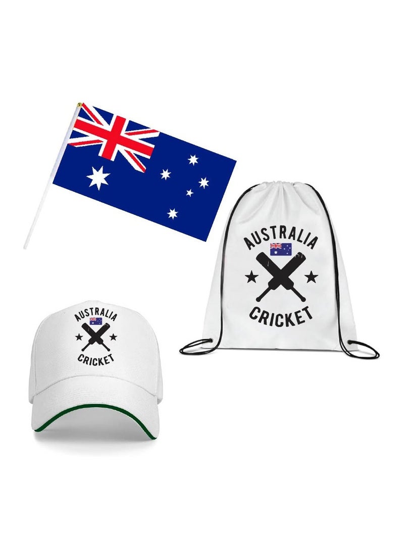 Generic - Australia Cricket Sports Fans Combo Pack - Pack of 3 - Drawstring Bag, Hand Flag and Cap - Australia Cricket Enthusiasts Combo Pack - Ideal for Cricket Matches and Events - Image 1