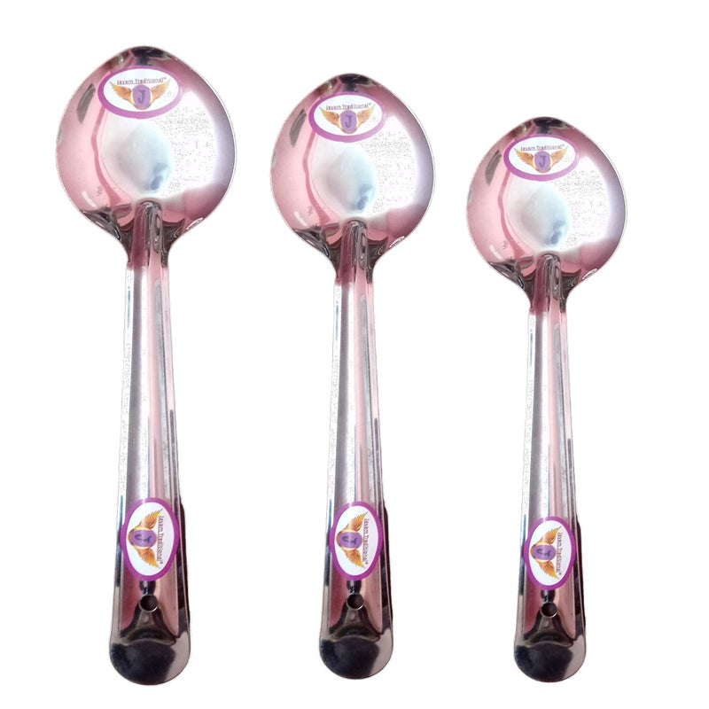 Jayam Traditional Stainless Steel Cooking and Serving Spoon Set for 3 | Small | Medium | Large (Oval Spoon) - Image 1