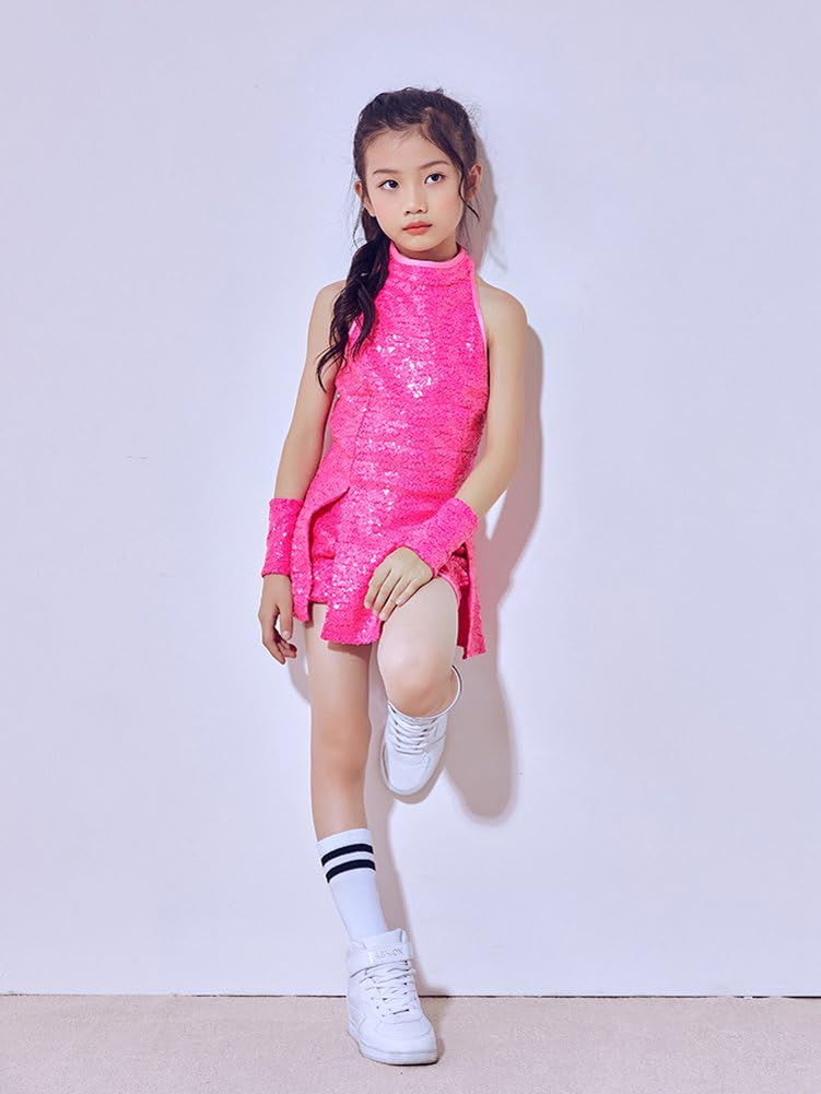 LOLANTA Girls Sequins Dance Dress Sparkle Hip Hop Jazz Dance Outfits Sleeveless Top and Shorts (Rosered, 6-7Years) - Image 5