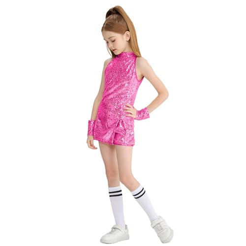 LOLANTA Girls Sequins Dance Dress Sparkle Hip Hop Jazz Dance Outfits Sleeveless Top and Shorts (Rosered, 6-7Years) - Image 3
