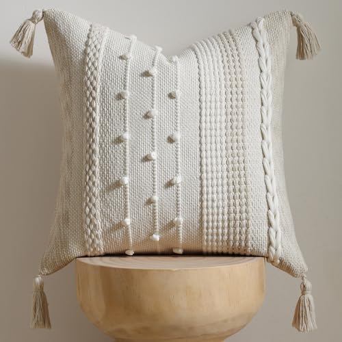 DEZENE Boho Pillow Cover 18x18 Beige Handmade Woven Textured Throw Pillow Case with Cordings Tassels Decorative Accent for Couch Sofa Bed Farmhouse Living Room Bedroom Home Decor - Image 1