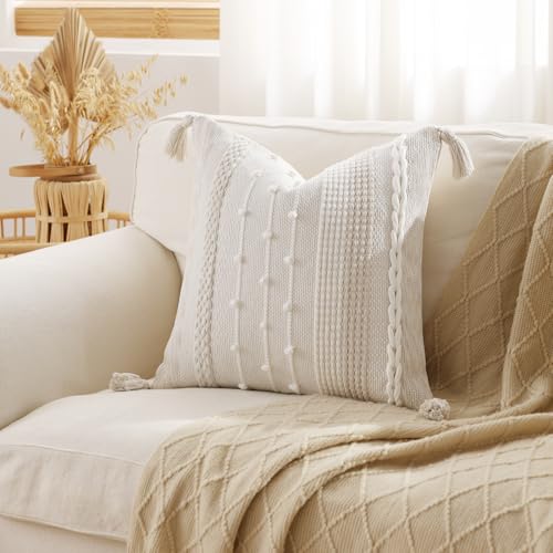 DEZENE Boho Pillow Cover 18x18 Beige Handmade Woven Textured Throw Pillow Case with Cordings Tassels Decorative Accent for Couch Sofa Bed Farmhouse Living Room Bedroom Home Decor - Image 3
