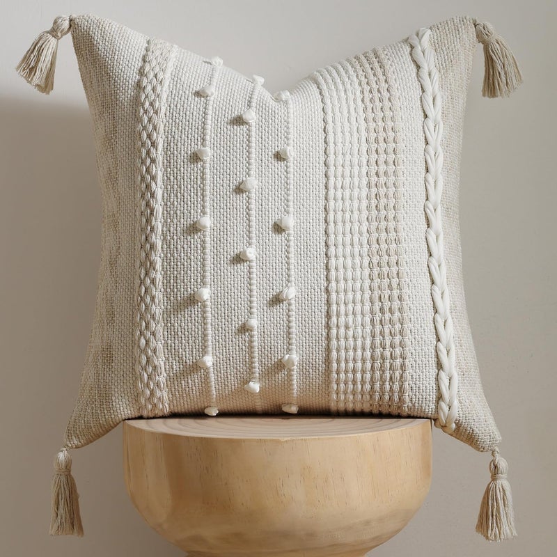 DEZENE Boho Pillow Cover 18x18 Beige Handmade Woven Textured Throw Pillow Case with Cordings Tassels Decorative Accent for Couch Sofa Bed Farmhouse Living Room Bedroom Home Decor - Image 2