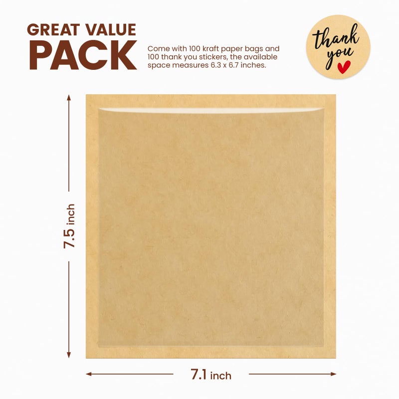 Foranda 100 Pack Cookie Bags with Seal Stickers, 7.1x7.5 Inch Heat Sealable Bakery Bags with Window Bake Sale Packaging Paper Sleeves for Bagel, Cake Slice, Sandwich, Donut, Pastry - Image 2
