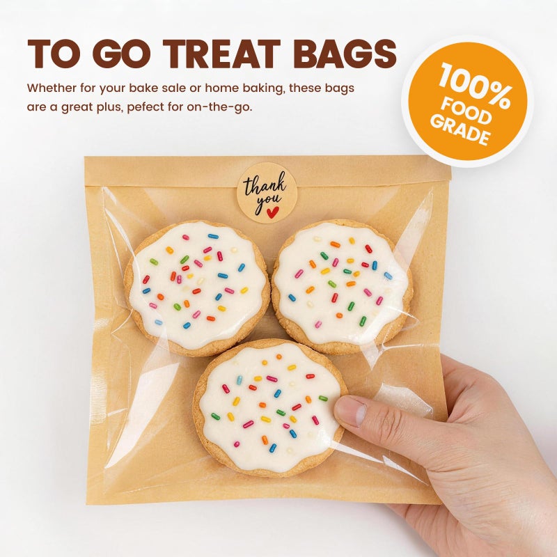 Foranda 100 Pack Cookie Bags with Seal Stickers, 7.1x7.5 Inch Heat Sealable Bakery Bags with Window Bake Sale Packaging Paper Sleeves for Bagel, Cake Slice, Sandwich, Donut, Pastry - Image 5
