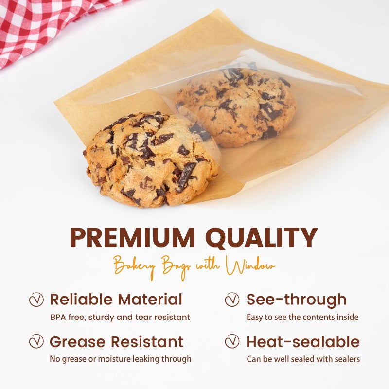 Foranda 100 Pack Cookie Bags with Seal Stickers, 7.1x7.5 Inch Heat Sealable Bakery Bags with Window Bake Sale Packaging Paper Sleeves for Bagel, Cake Slice, Sandwich, Donut, Pastry - Image 4