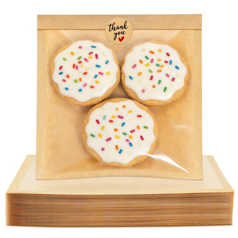 Foranda 100 Pack Cookie Bags with Seal Stickers, 7.1x7.5 Inch Heat Sealable Bakery Bags with Window Bake Sale Packaging Paper Sleeves for Bagel, Cake Slice, Sandwich, Donut, Pastry - Image 1