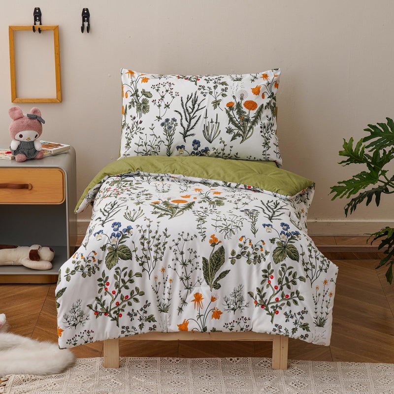 KAREVER Botanical Toddler Bedding Set Flower Print 4 Pieces Crib Bed Set Kids White Green Floral Comforter Set - Image 1