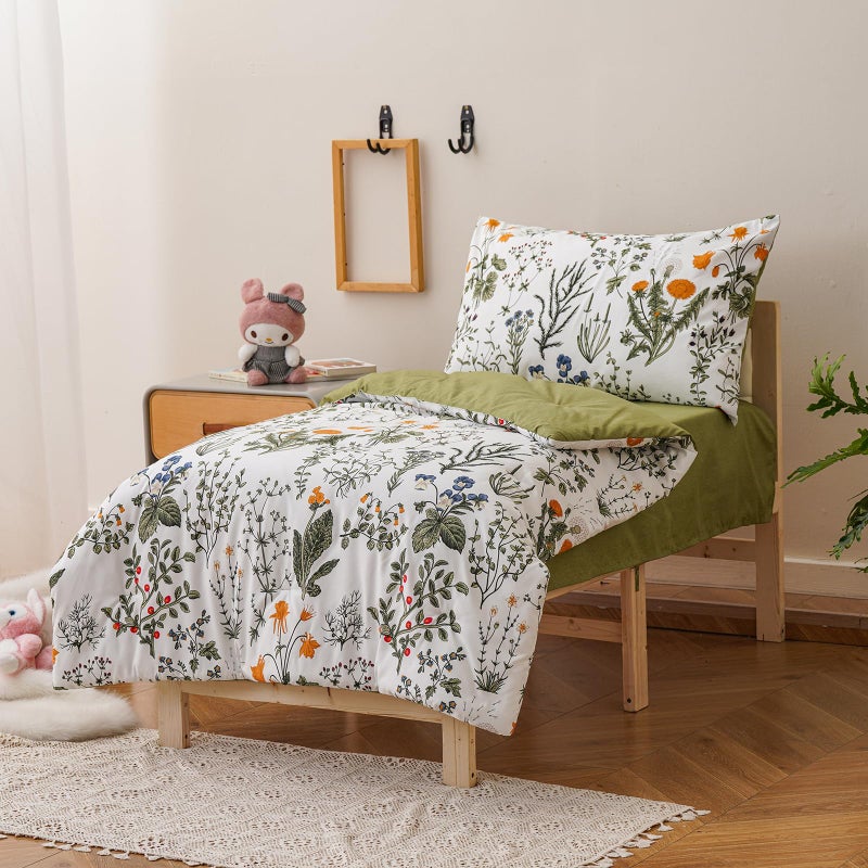 KAREVER Botanical Toddler Bedding Set Flower Print 4 Pieces Crib Bed Set Kids White Green Floral Comforter Set - Image 3