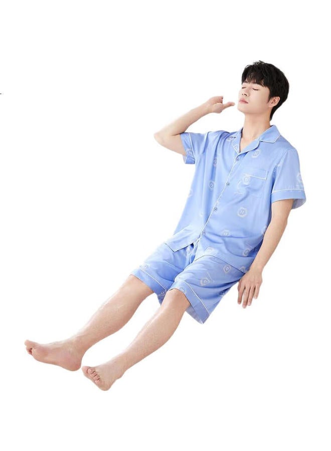 Red Bean Home Summer Men'S Letter Polka Dot Short Sleeve Cardigan Home Wear Set Water Light Blue 180/100A
