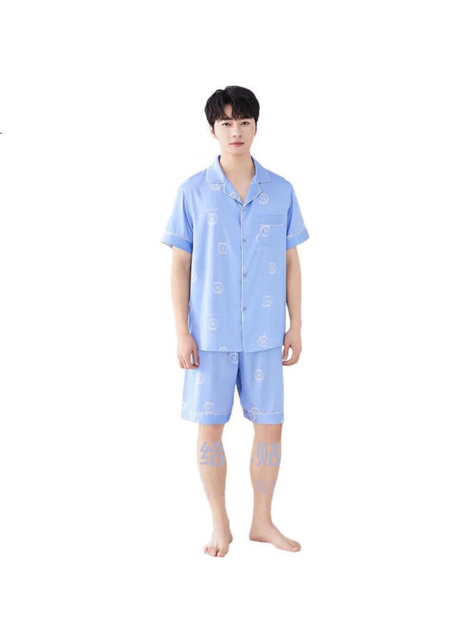 Red Bean Home Summer Men'S Letter Polka Dot Short Sleeve Cardigan Home Wear Set Water Light Blue 180/100A