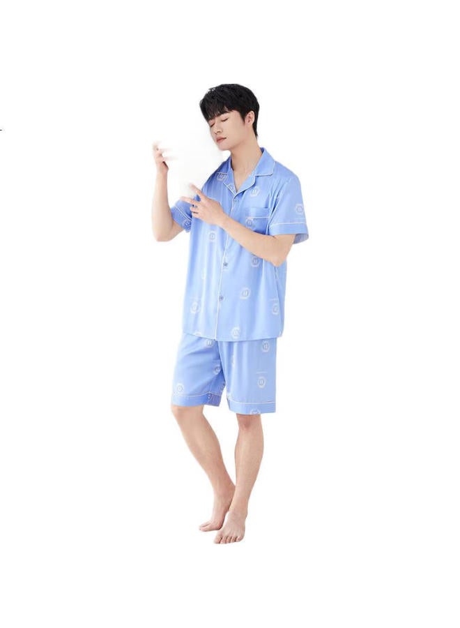 Red Bean Home Summer Men'S Letter Polka Dot Short Sleeve Cardigan Home Wear Set Water Light Blue 180/100A