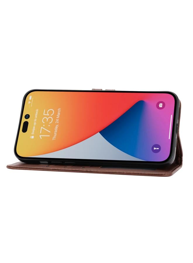 اس-توب جراب هاتف iPhone 14 Pro من الجلد المنقوش بنمط قطة سعيدة - Image 4