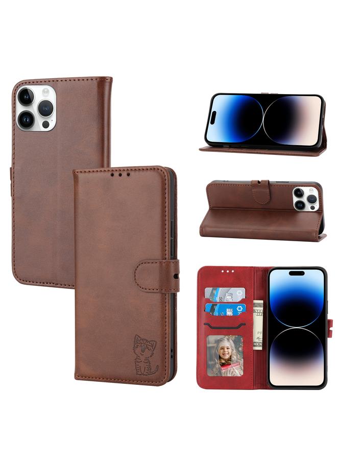 اس-توب جراب هاتف iPhone 14 Pro من الجلد المنقوش بنمط قطة سعيدة - Image 1