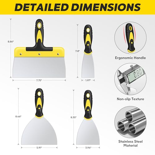 DEKEones Putty Knife Set, 4PCS Stainless Steel Scraper Paint Tool with Comfortable Grip for Drywall Repair, Wallpaper Removal and Plaster Scraping(2,4,6,8in) - Image 2