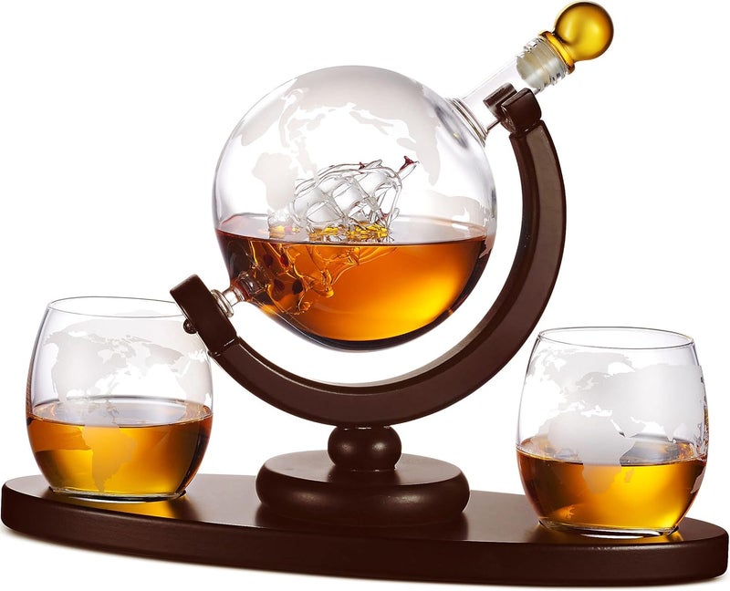 Godinger Whiskey Decanter Globe Set with 2 Etched Whiskey Glasses - for Liquor Scotch Bourbon Vodka, Gifts For Men - 850ml - Image 1